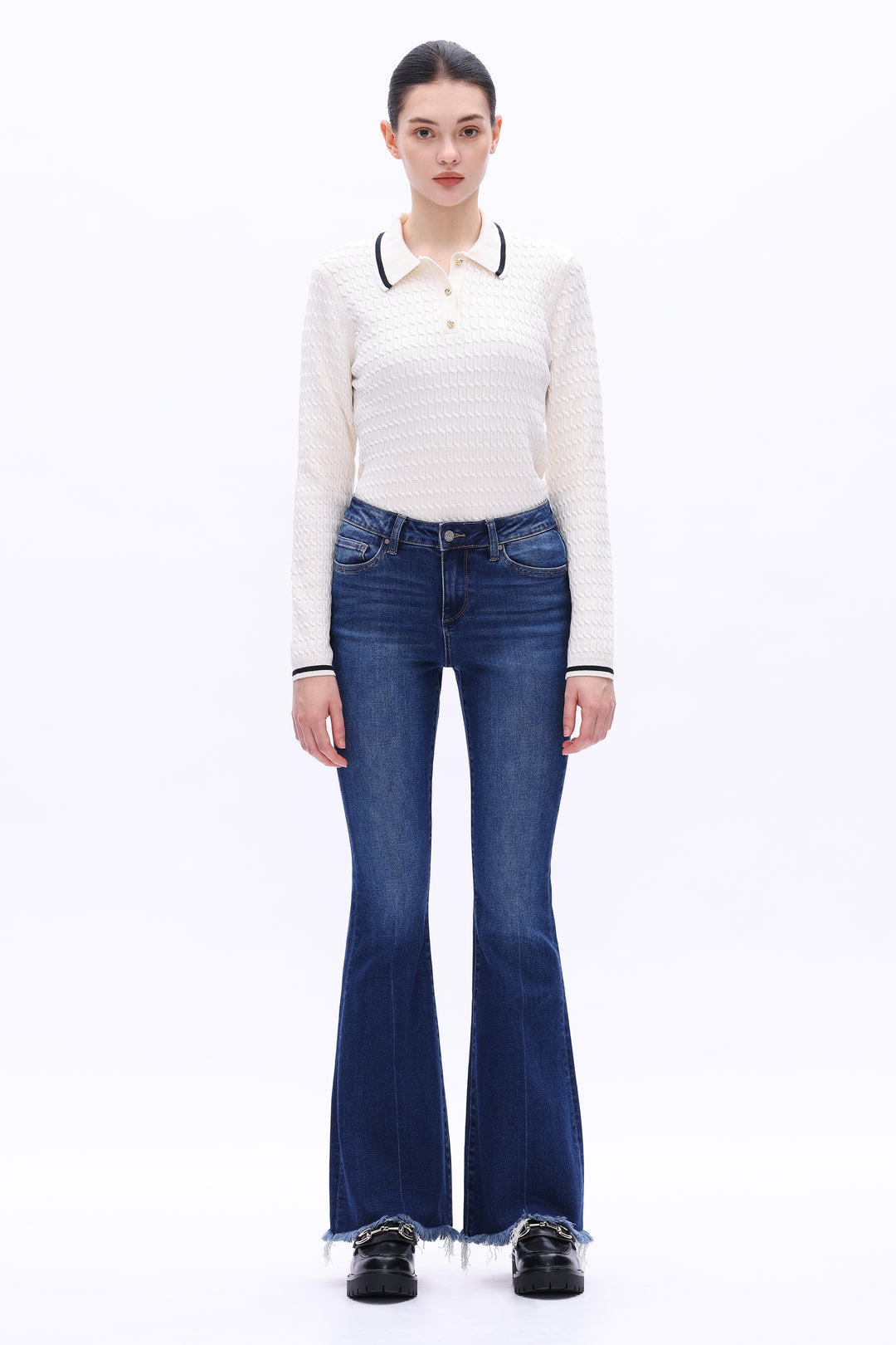 High Rise Flare Denim Jeans With Frayed Hem