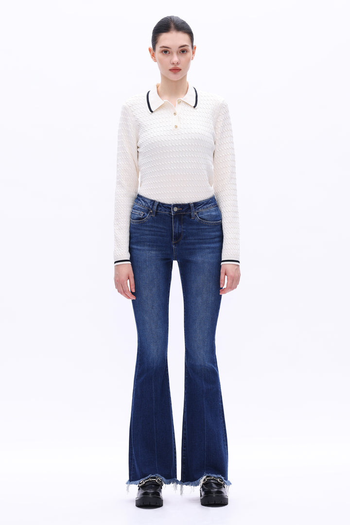 High Rise Flare Denim Jeans With Frayed Hem