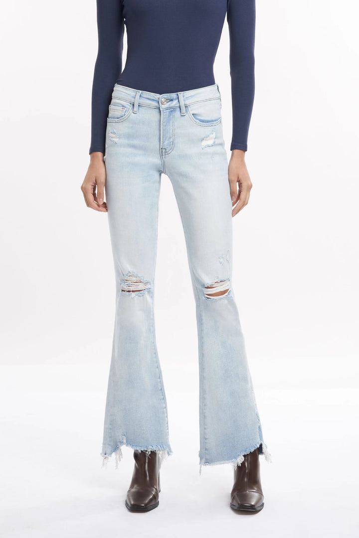 Angela Mid Rise Distressed Flare Jeans