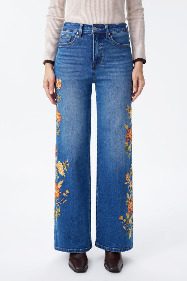 New York High Rise Embroidered Wide Leg Jeans