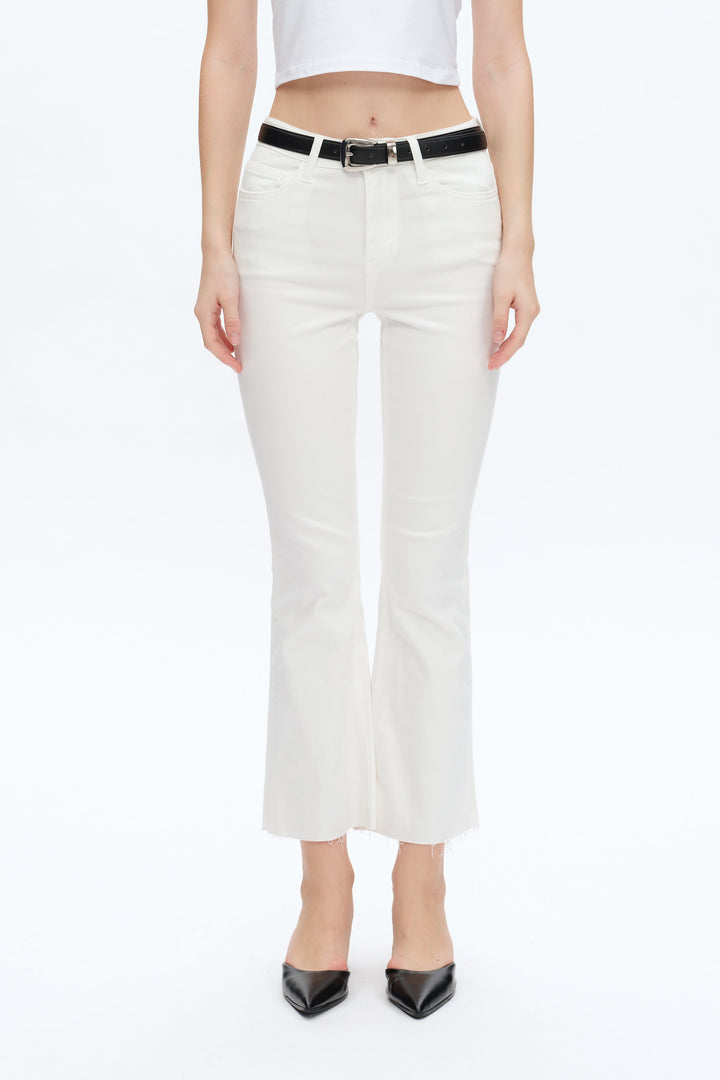 Emily Mid Rise Raw Hem Bootcut Denim Jeans