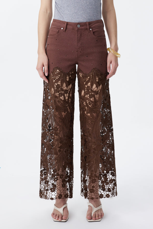 High Rise Ankle Embroidered Lace Wide Leg Jeans
