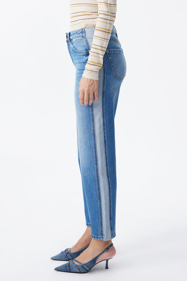Mid Rise Contrast Panel Straight Leg Jeans