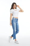 Mid Rise Slim Straight Jeans With Raw Hem-Straight-BAYEAS