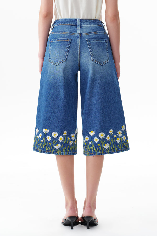 Mid Rise Embroidered Denim Bermuda Shorts