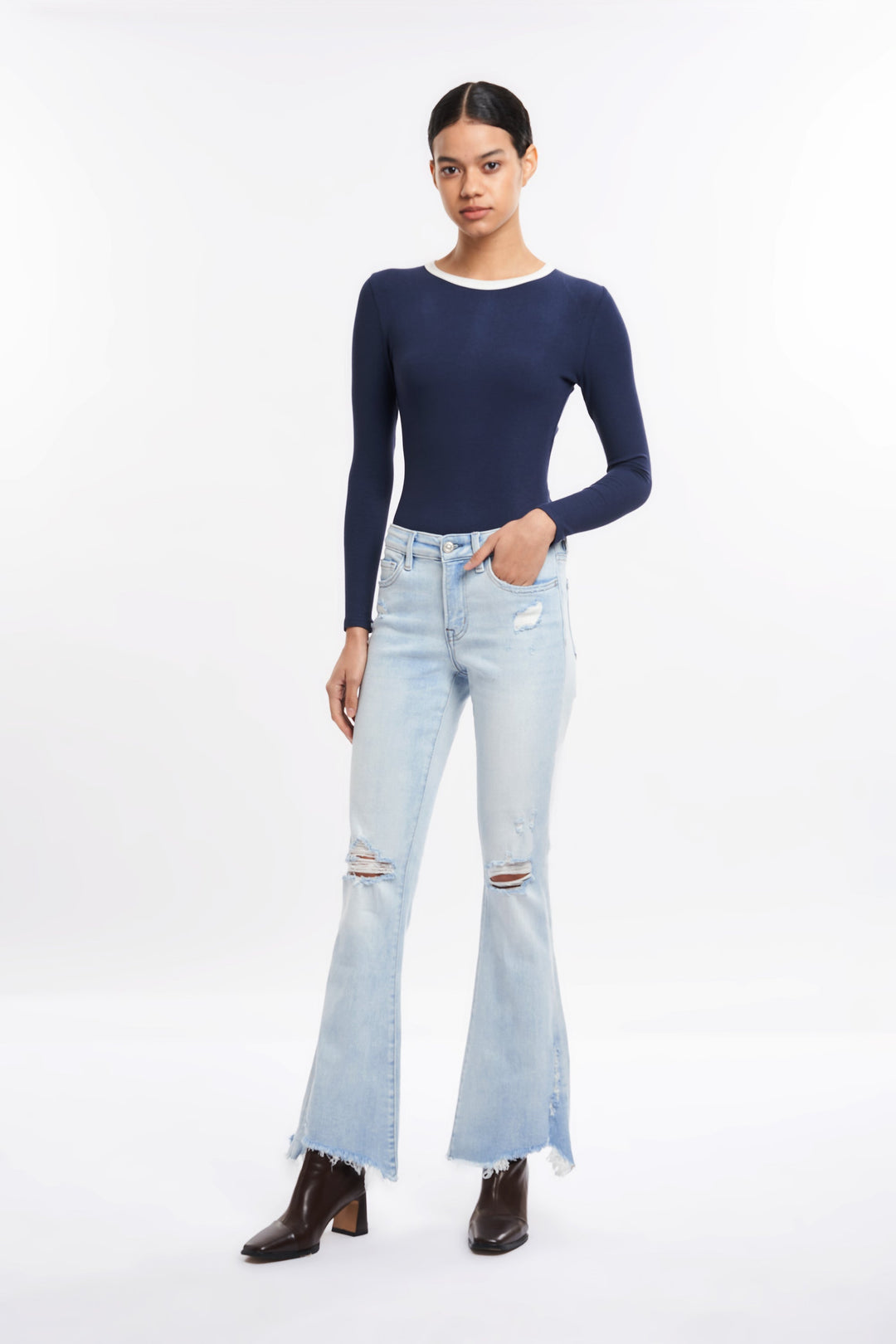 Angela Mid Rise Distressed Flare Jeans