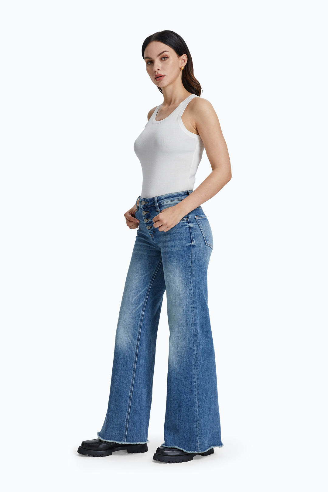 High Rise Wide Leg Denim Jeans With Frayed Hem