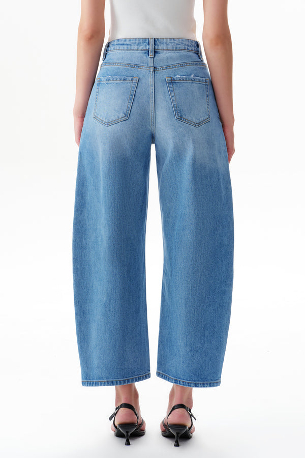 High Rise Cropped Distressed Barrel Leg Jeans