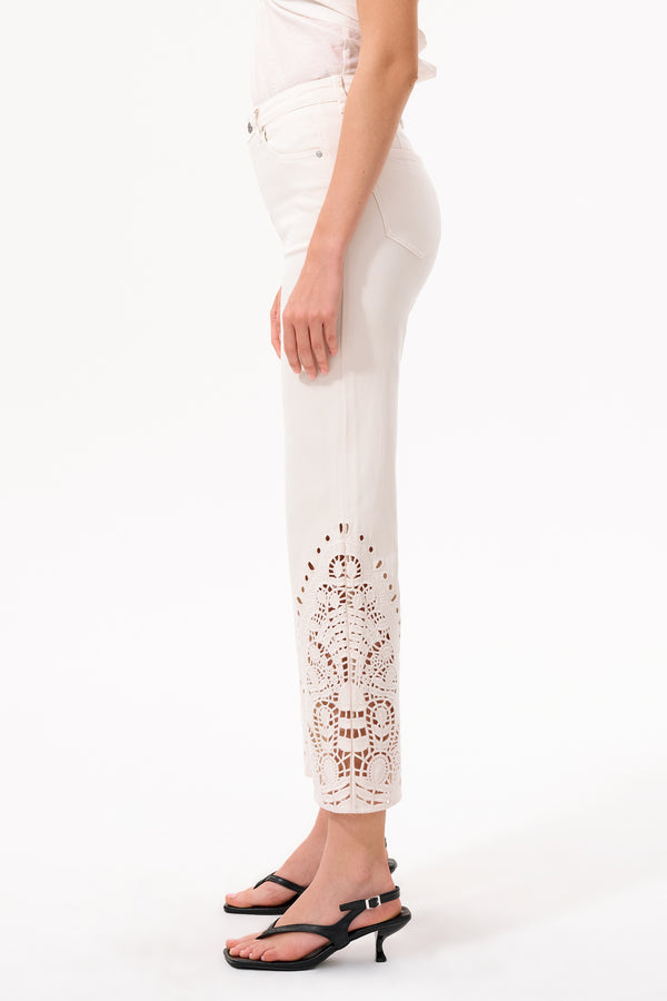 High Rise Ankle Embroidered Lace Straight Leg Pants