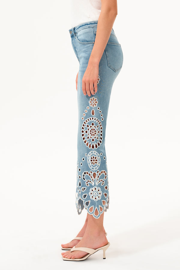 High Rise Embroidered Lace Flare Jeans