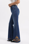 High Rise Embroidered Hem Flare Jeans