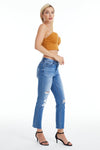High Rise Slim Straight Jeans With Raw Hem