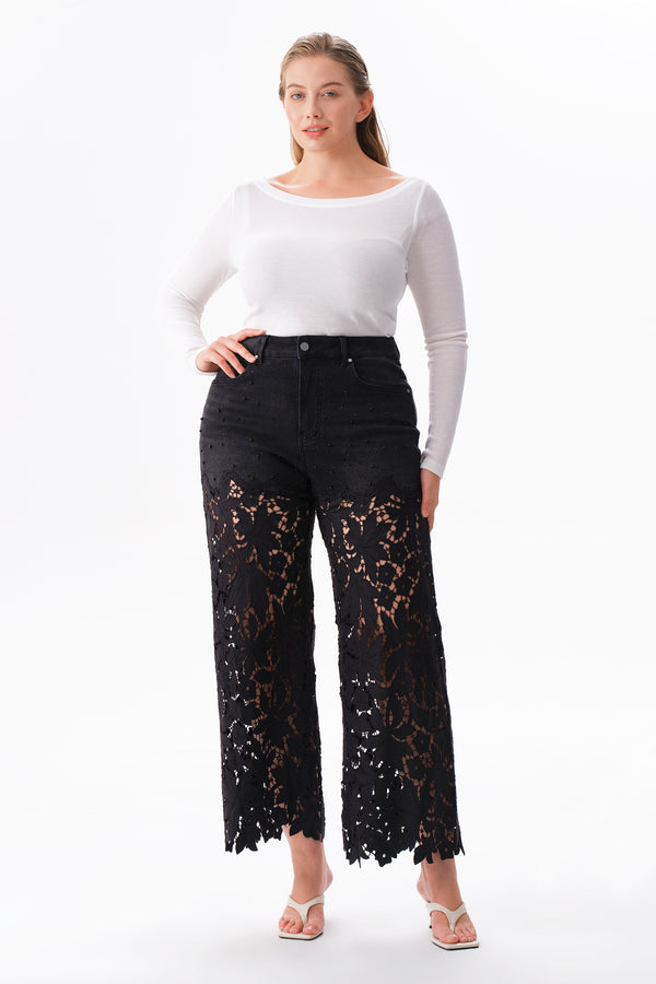 High Rise Floral Embroidered Wide Leg Pants