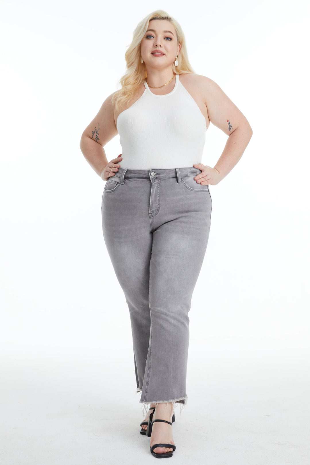 PLUS SIZE HIGH RISE STRAIGHT ANKLE JEANS WITH RAW EDGE