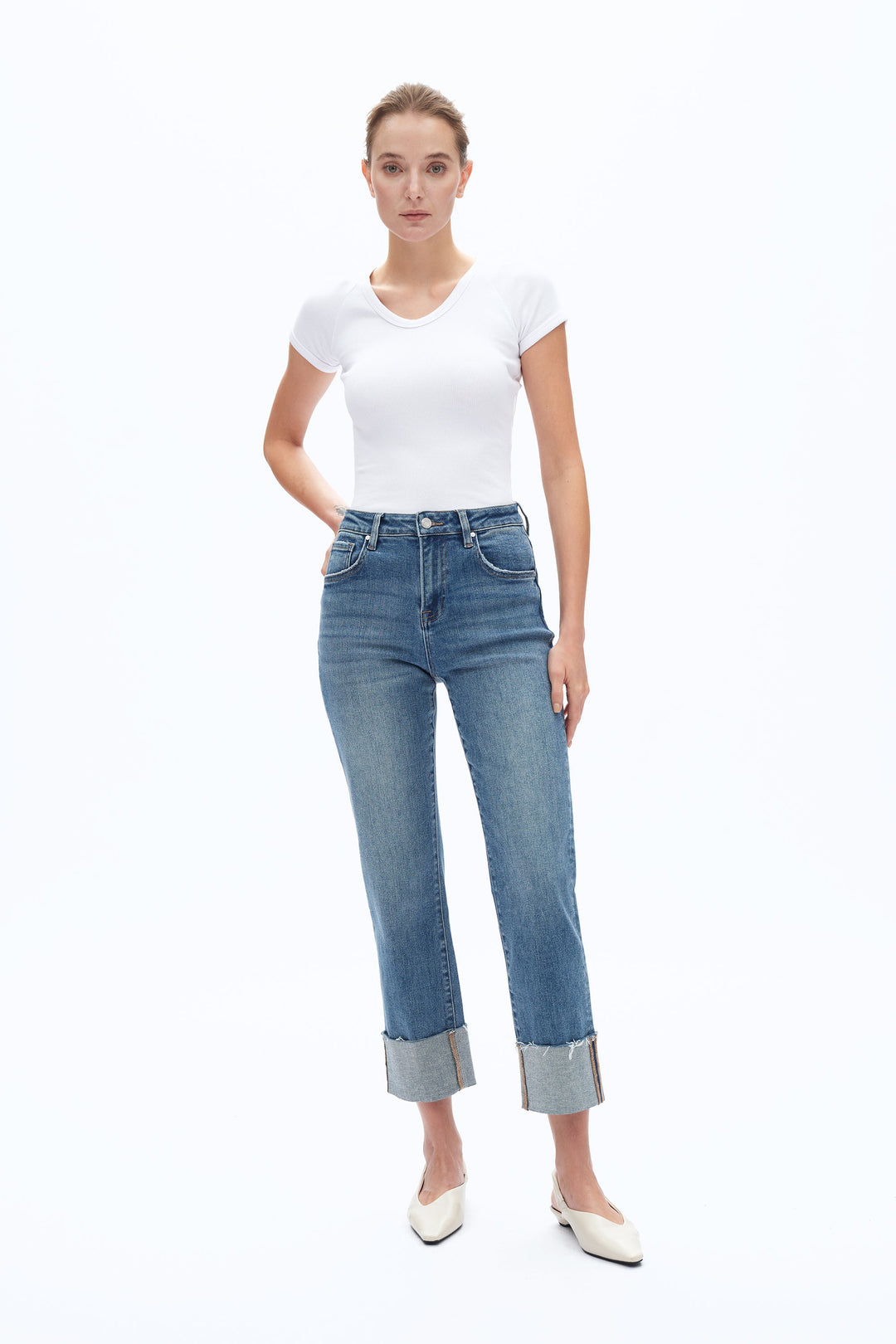 High Rise Straight Leg Denim Jeans With Rolled Hem