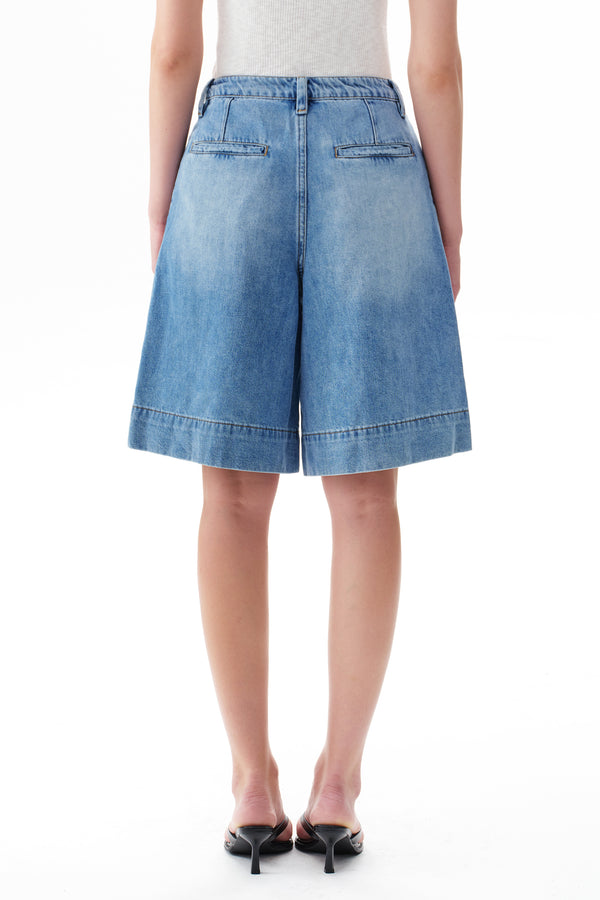 High Rise Pleated Denim Bermuda Shorts