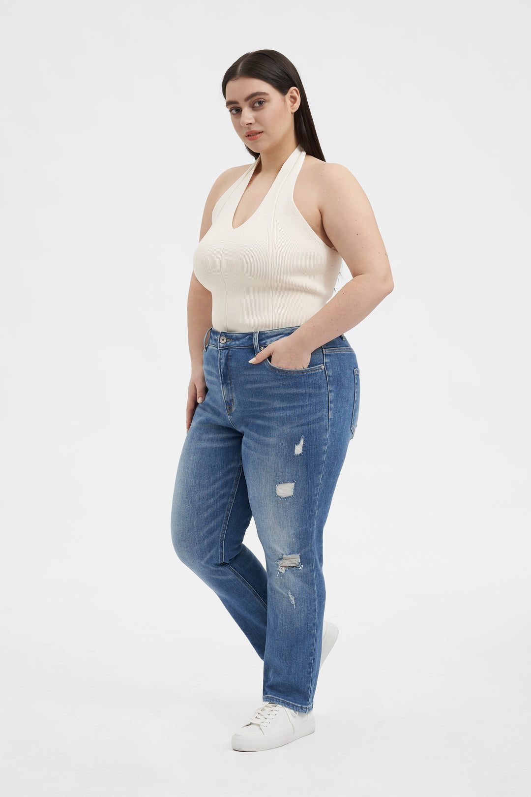 HIGH RISE GRINDED MOM DENIM JEANS PLUS SIZE