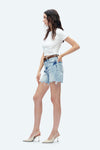 Bella High Rise Button Fly Distressed Denim Shorts