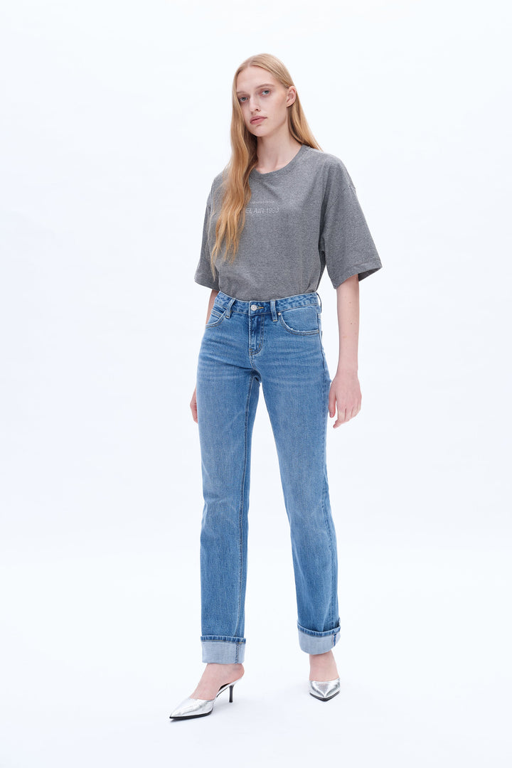 Yoyo Mid Rise Cuffed Straight Denim Jeans