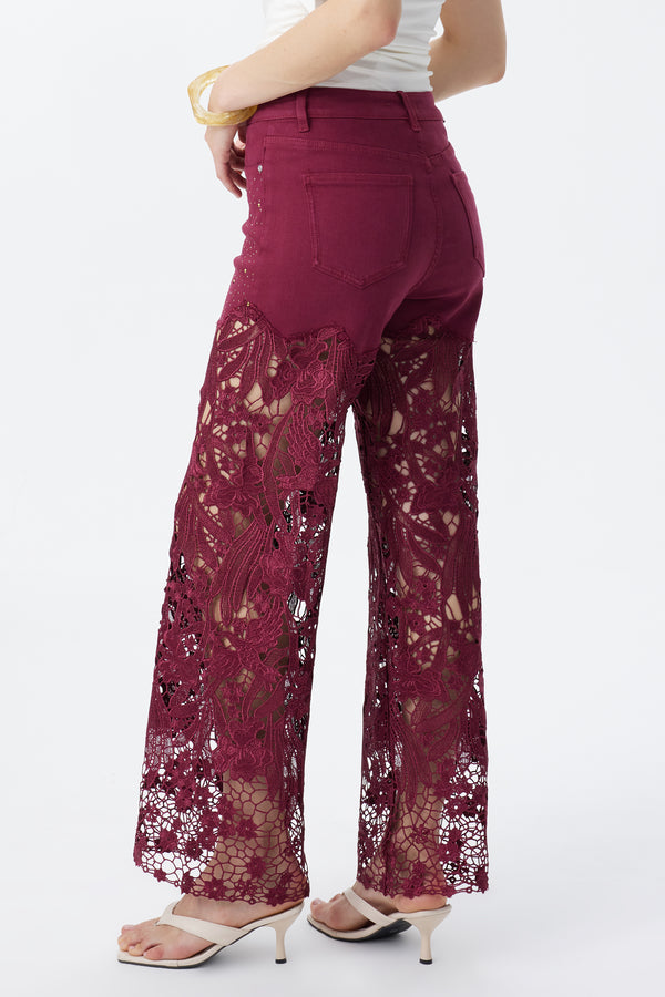High Rise Ankle Embroidered Lace Wide Leg Jeans