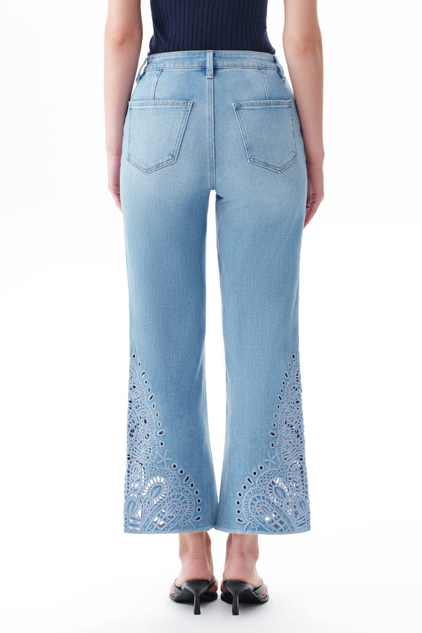 High Rise Ankle Embroidered Lace Straight Leg Pants