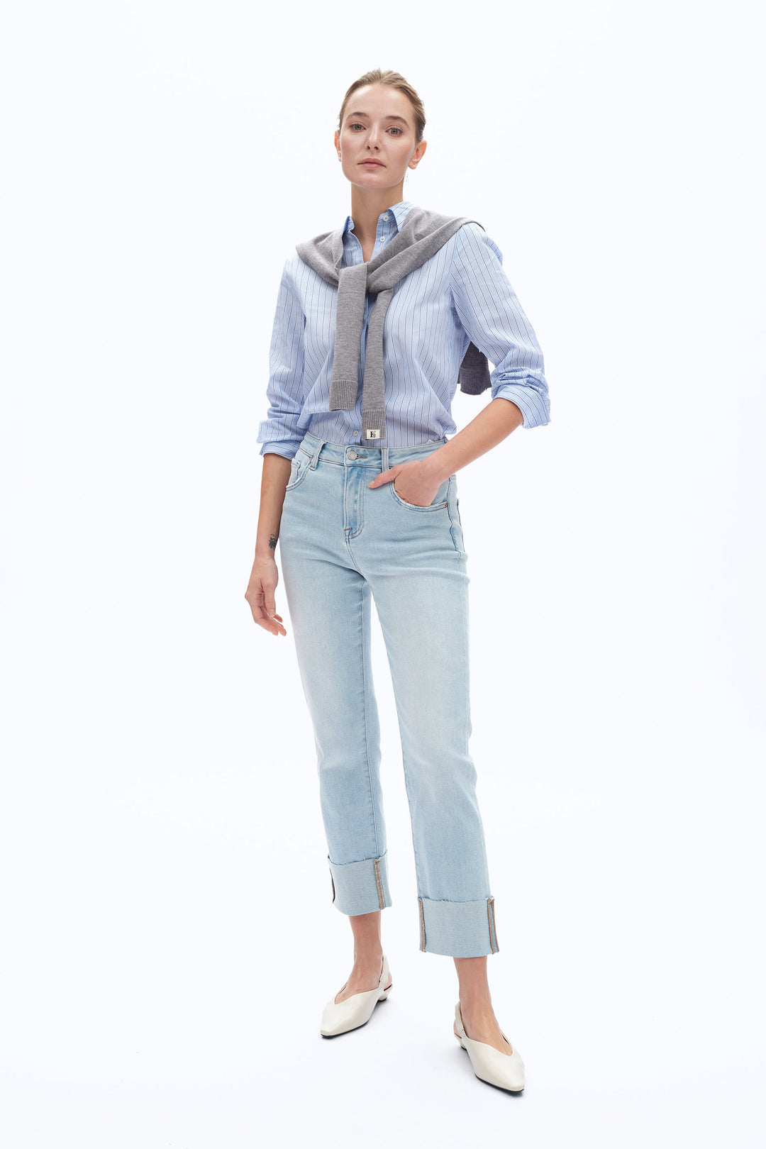 High Rise Straight Leg Denim Jeans With Rolled Hem