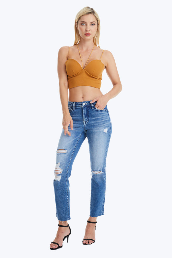 High Rise Cropped Distressed Straight Leg Jeans