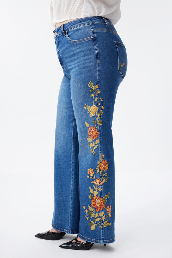 New York High Rise Embroidered Wide Leg Jeans