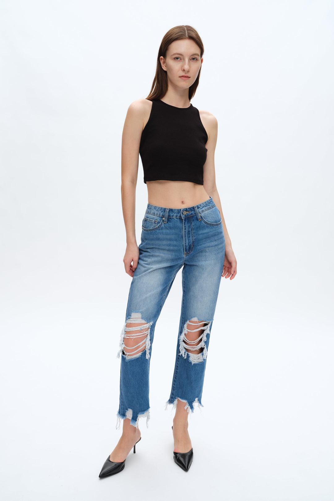 Yoyo High Rise Distressed Cropped Straight Jeans