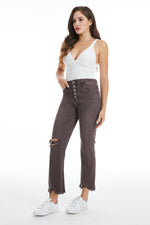 HIGH RISE STRAIGHT JEANS BUTTON FLY WITH FRAYED HEM BYT5113 CHOCOLATE