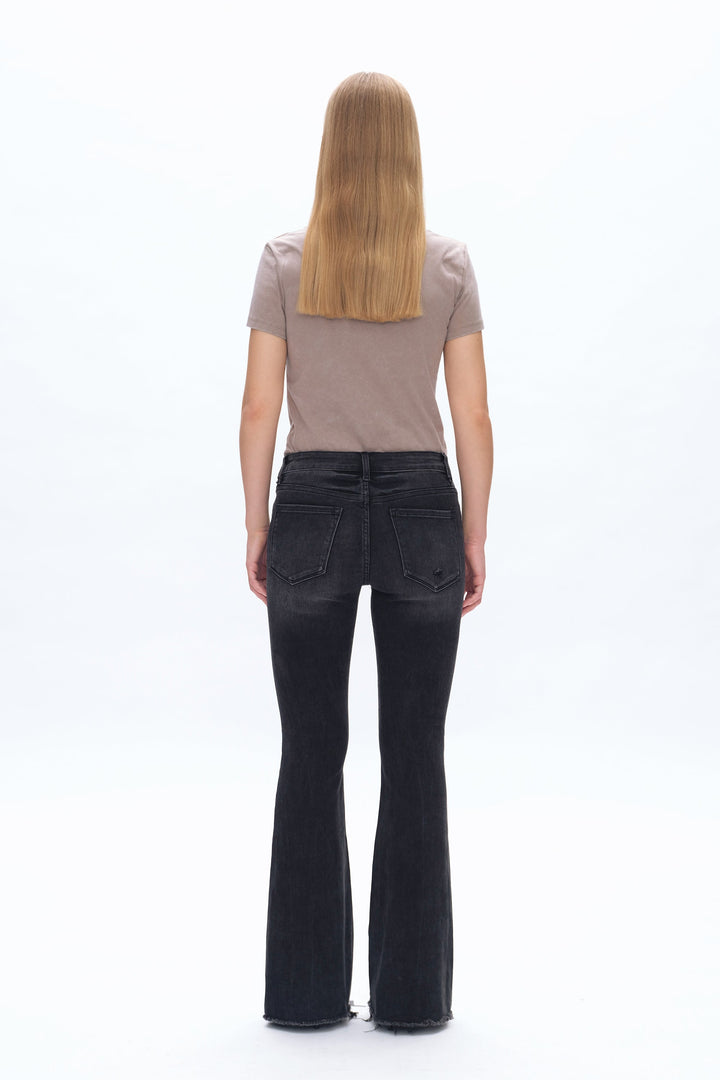 Mid Rise Flare Denim Jeans With Raw Edge Hem