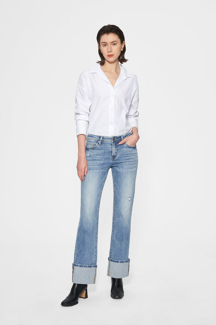 Flora Mid Rise Straight Cuffed Denim Jeans