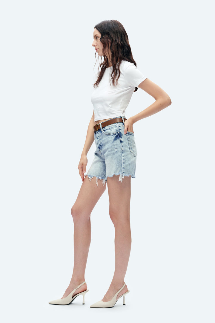 BELLA HIGH RISE BUTTON FLY DISTRESSED DENIM SHORTS