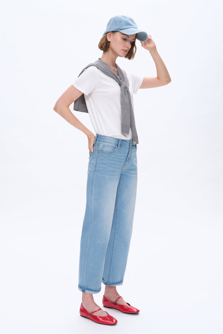 Mid Rise Rolled Leg Barrel Denim Jeans