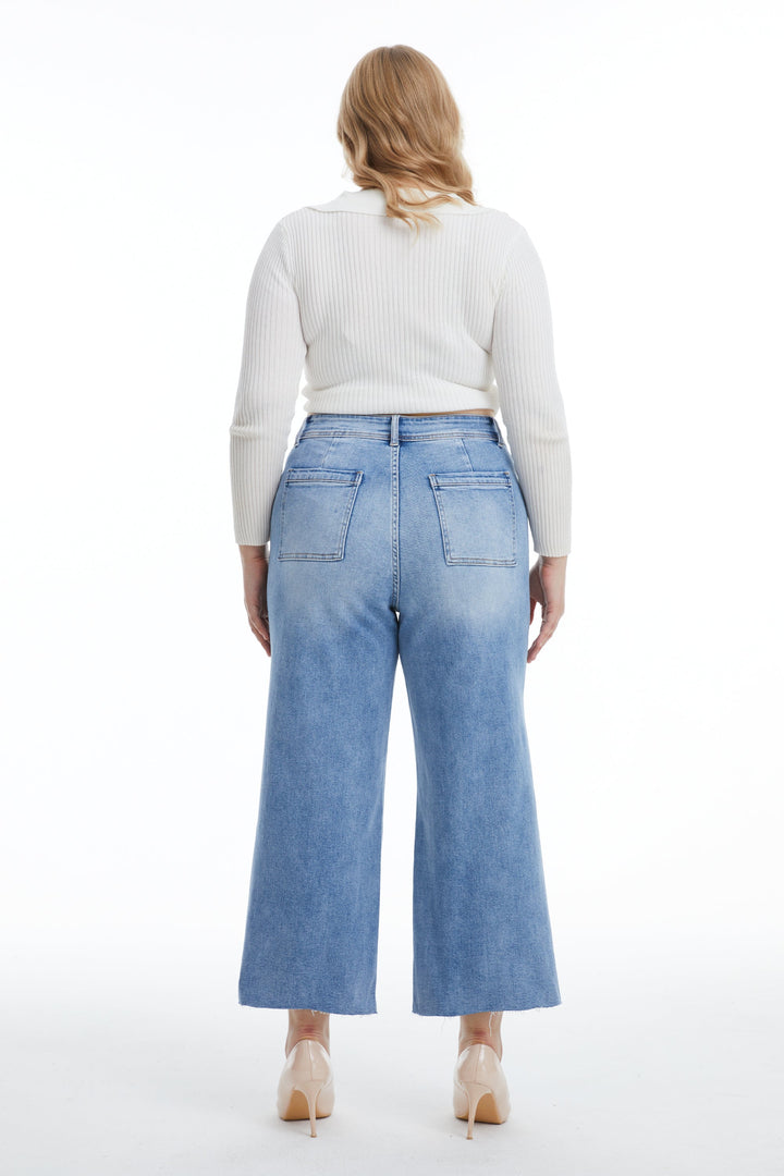 High Rise Wide Leg Denim Jeans With Raw Hem Plus Size