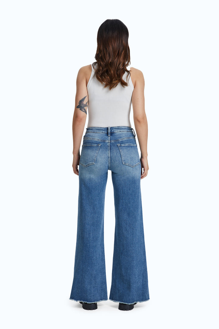 High Rise Wide Leg Denim Jeans With Frayed Hem