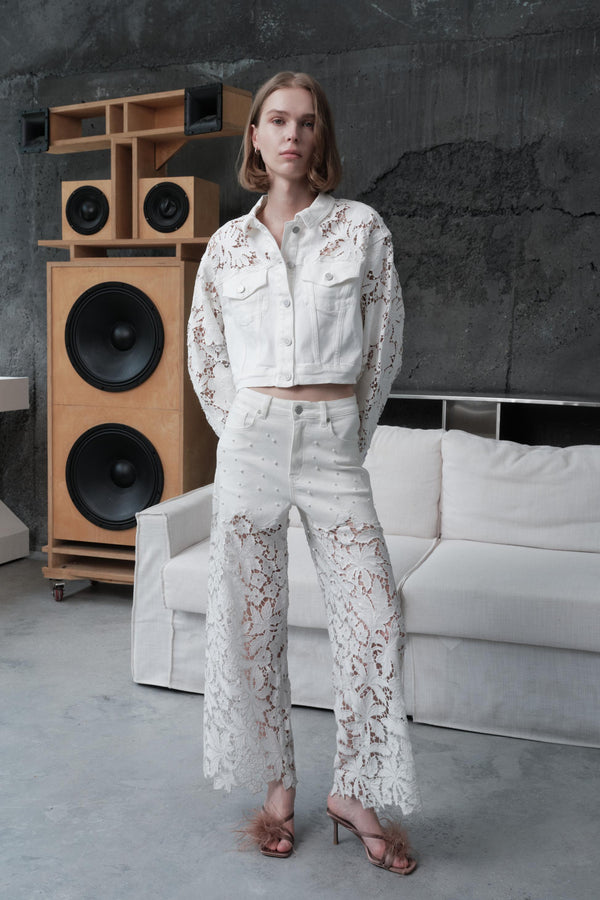 High Rise Floral Embroidered Wide Leg Pants