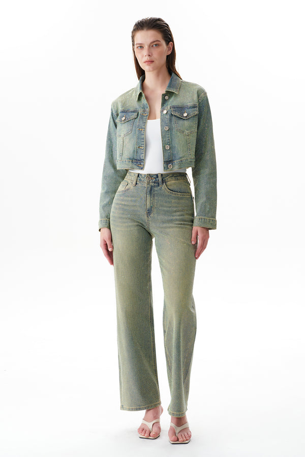 Statement High Rise Rhinestone Wide Leg Jeans