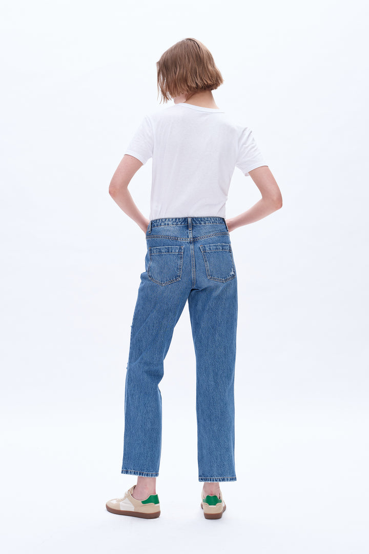 High Rise Distressed Mom Denim Jeans With Slit