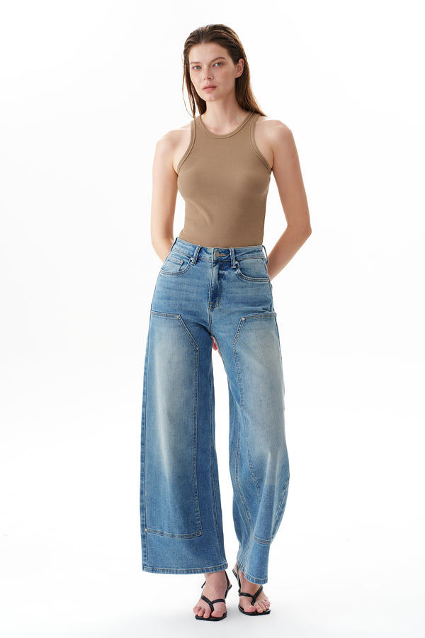 High Rise Appliqué Barrel Leg Jeans