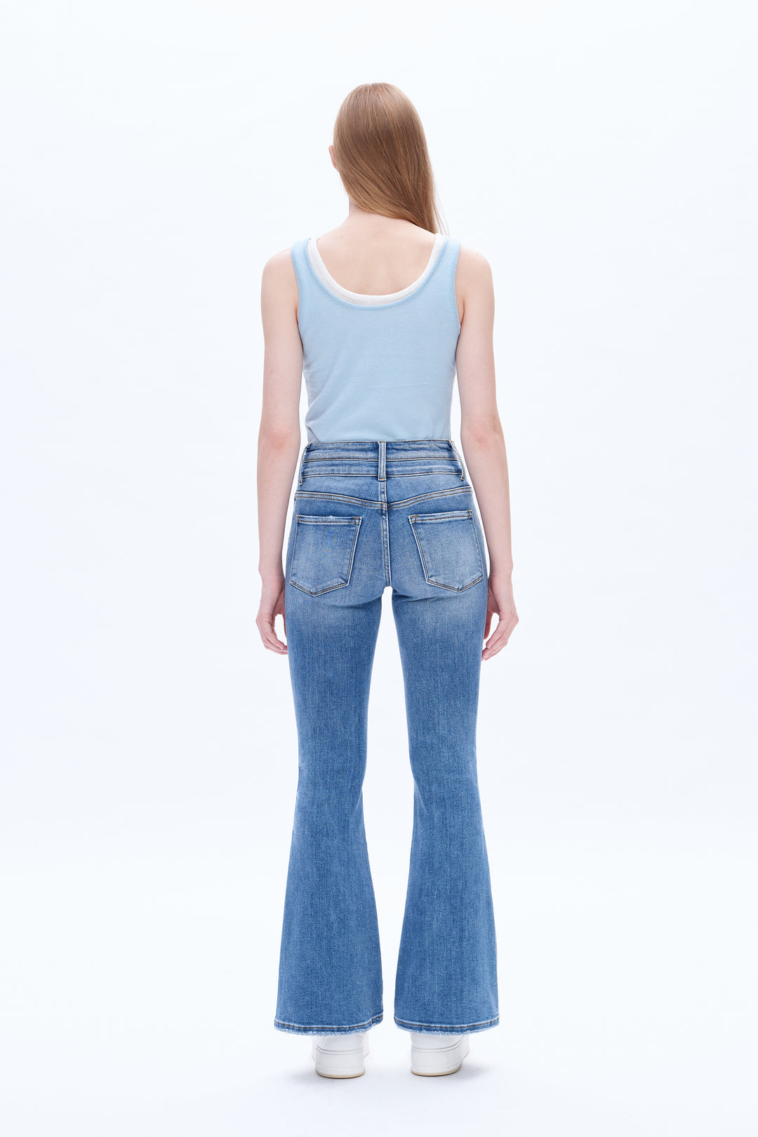 High Rise Flare Denim Jeans With Clean Hem