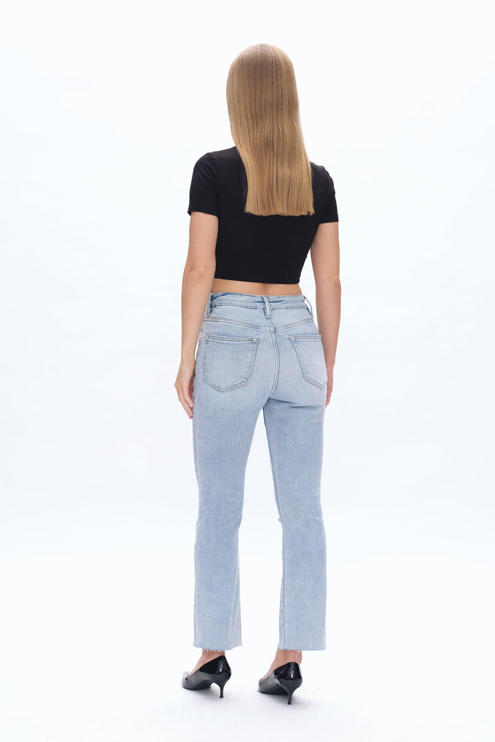 High Rise Straight Raw Hem Denim Jeans