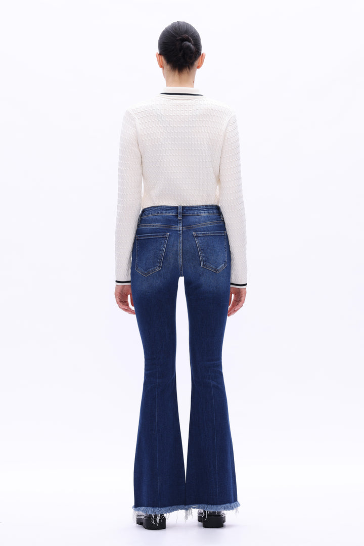 High Rise Flare Denim Jeans With Frayed Hem