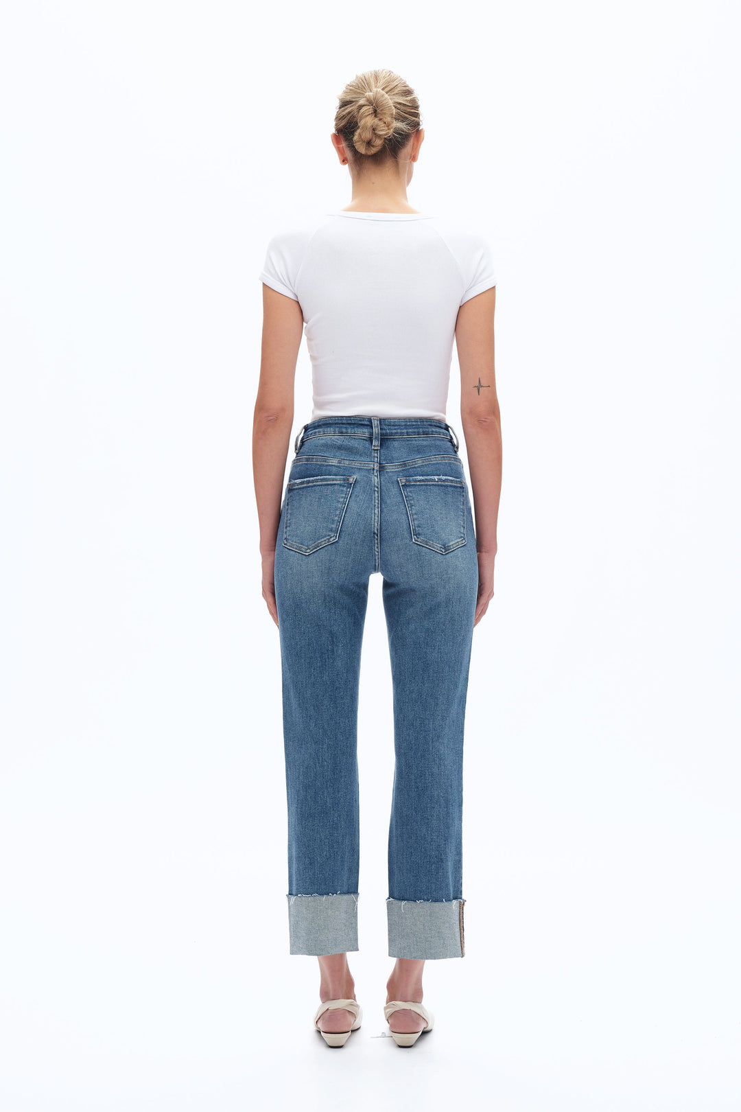 High Rise Straight Leg Denim Jeans With Rolled Hem