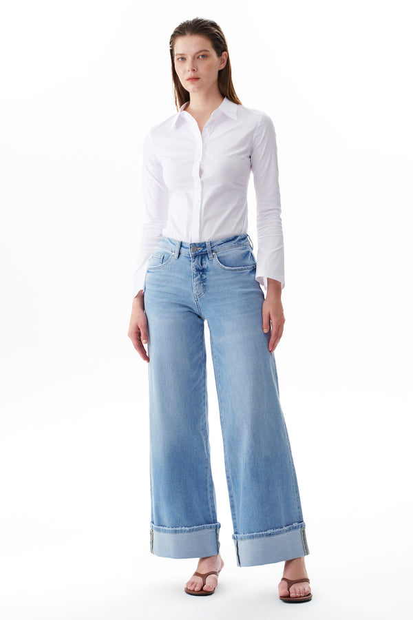 Mid Rise Cuffed Wide Leg Jeans