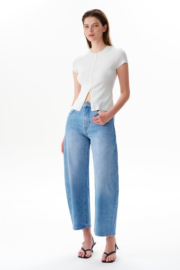 High Rise Cropped Distressed Barrel Leg Jeans