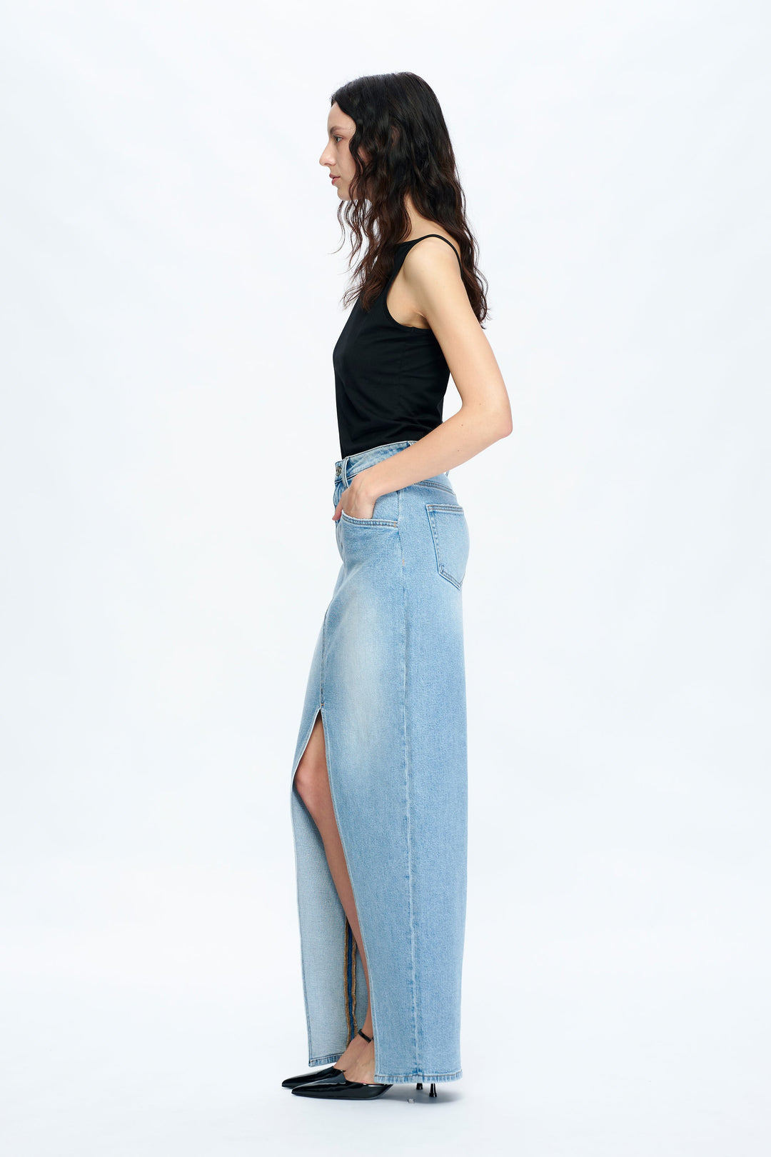 Lauren Mid Rise Slit Maxi Denim Skirt
