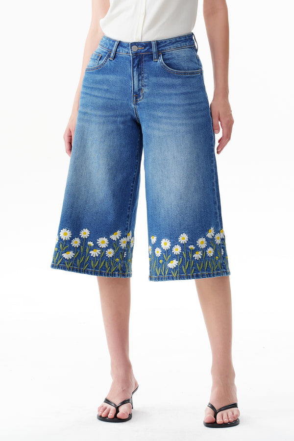 Mid Rise Embroidered Denim Bermuda Shorts