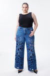 High Rise Embroidered Lace Wide Leg Jeans