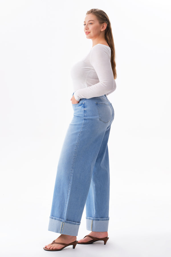Mid Rise Cuffed Wide Leg Jeans